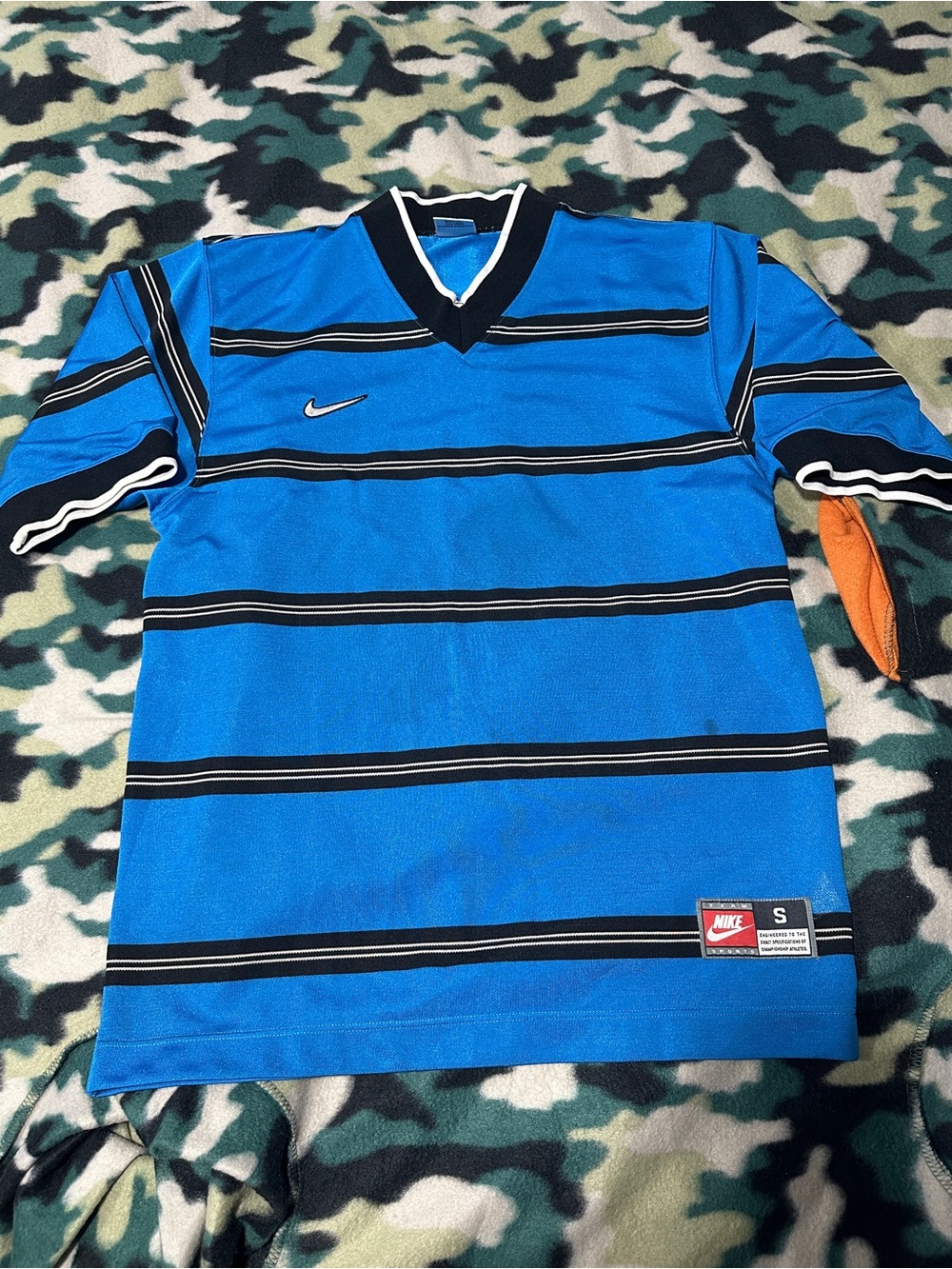 Nike Men’s Blue and Black Striped V-Neck Soccer Jersey